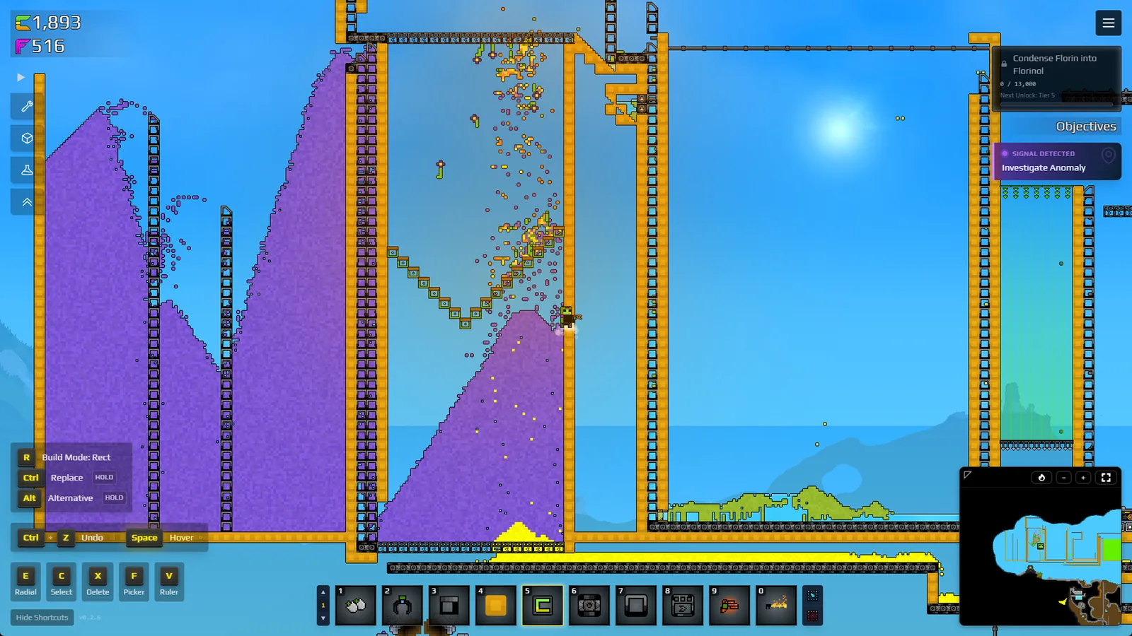 Official Sandustry promotional screenshot showing tall vertical material routes while the build-mode controls are visible.